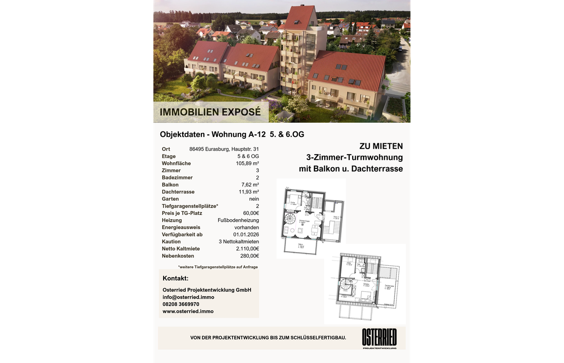 Exposé A-12 5.+6.OG 3-Zimmer-Turmwohnung mit Balkon u. Dachterrasse